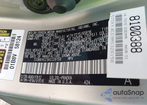2010 Toyota Sienna Ce z USA, uszkodzony, nr VIN 5TDKK4CC9AS328158